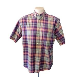 Dockers Shirt Mens Size Large Short Sleeve Button Down Purple Green Plaid Pocket